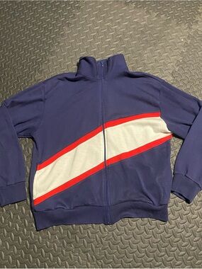 Navy Zip-Up Track Jacket with White and Red Diagonal Stripe